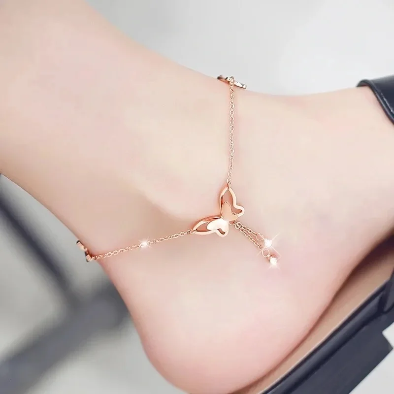 Anklet Women Fashion 2021 Non-Fading Summer Net New Style High Grade Sense Titanium Steel Red Butterfly Foot Chain