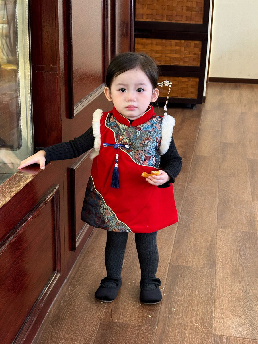 Red Children's Cheongsam Dress Winter Thickened Cotton Vest New Year Visit Clothes Birthday Ceremony Traditional Chinese Costume Harga  52 Ringgit*Penghantaran Percuma