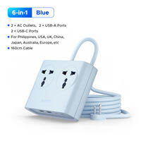 ORICO ปลั๊กไฟอเนกประสงค์6อิน1มี2เต้าเสียบไฟฟ้ากระแสสลับ2พอร์ต USB พอร์ต2 USB C แบบพกพา Steker Pipih สายพร้อมสายไฟต่อขนาดเล็ก160ซม. ใช้งานใน220 + ประเทศ