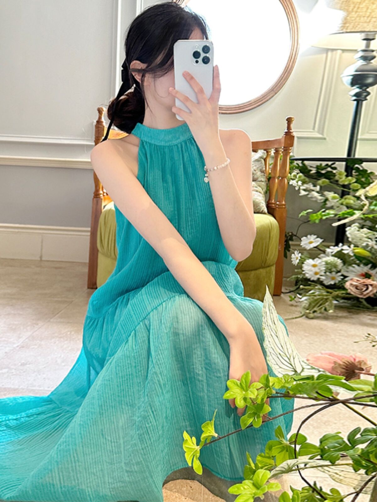 French Mint Green Neck Hanging Dress Sleeveless High-End Blue Strap Women Summer Beach Vacation Style Chiffon Loose Waist