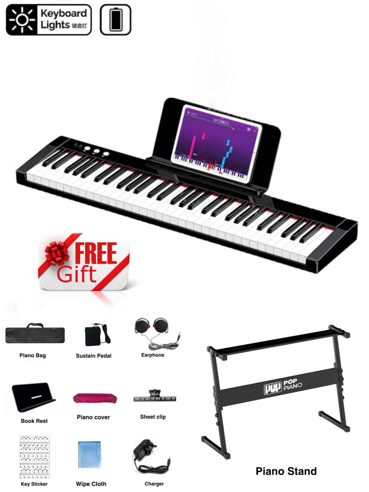 【Full Set】POPIANO 61 Keys Rechargeable Bluetooth Smart Keyboard Piano. 