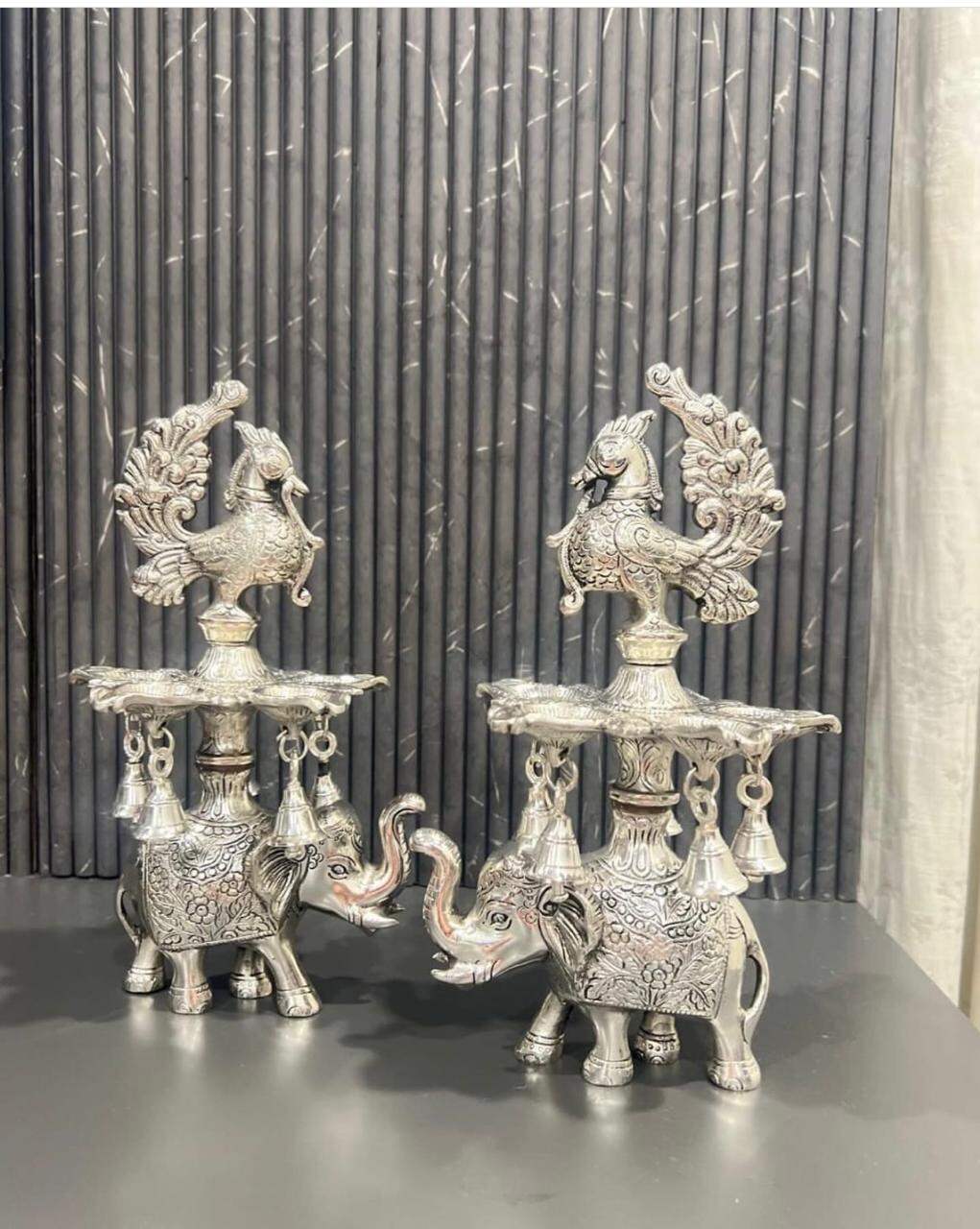 German Silver Elephant Peacock Diya: Kuthu Vilakku oil lamp