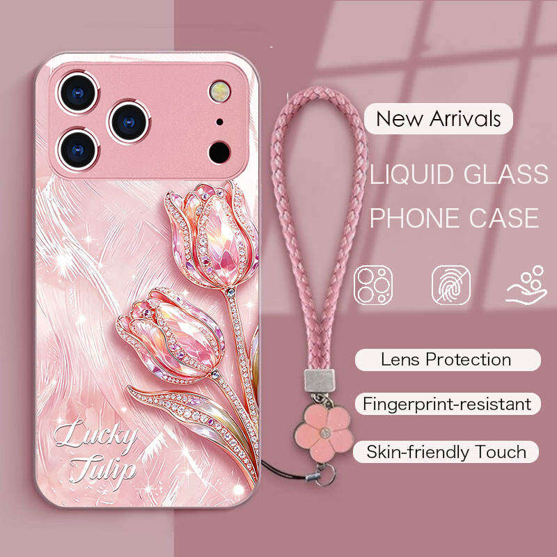 For iPhone17ProMax Case,iPhone15,16 Liquid Glass Casing With Flower Hand Strap, soft Frame Hard Back,Sweet Cute Diamond Tulip printed pattern iPhone13pro Air 14promax iPhone12