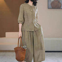 Lieoyuarn | Stylish Slimming Round Neck Blouse and Wide Leg Pants Set