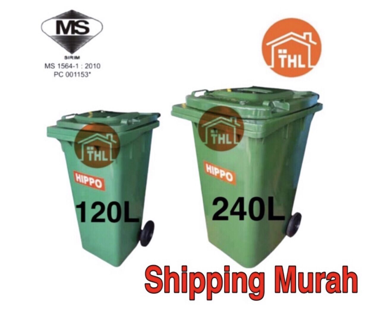 Heavy Duty 120L / 240L Green Waste Bin with 2 wheels Tong Sampah