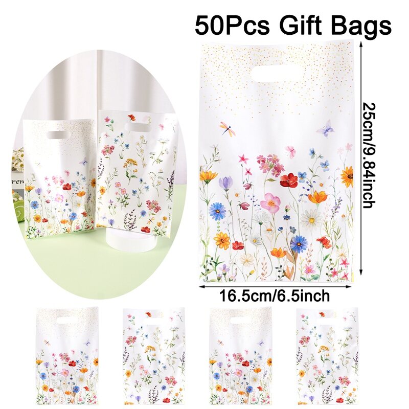 10/20/50pcs Spring Wildflowers Plastic Gift Bags Floral Grass Butterfly Design Handheld Bag for Wedding Mothers Day Birthday