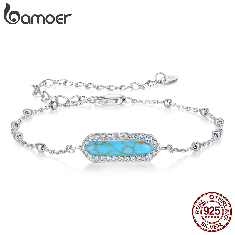 BAMOER Minimalist Turquoise 925 Sterling Silver Bracelet For Women Fashion Bracelet Jewelry Birthday Gift ราคา 1,077 บาท*ส่งฟรี