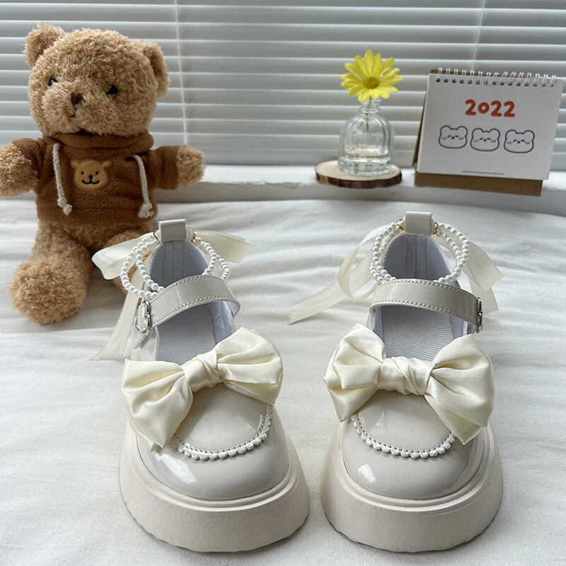 Pearl Japanese Cute White Mary Jane Shoes Women's French Style Shoes with Skirt Thick Sole Niche