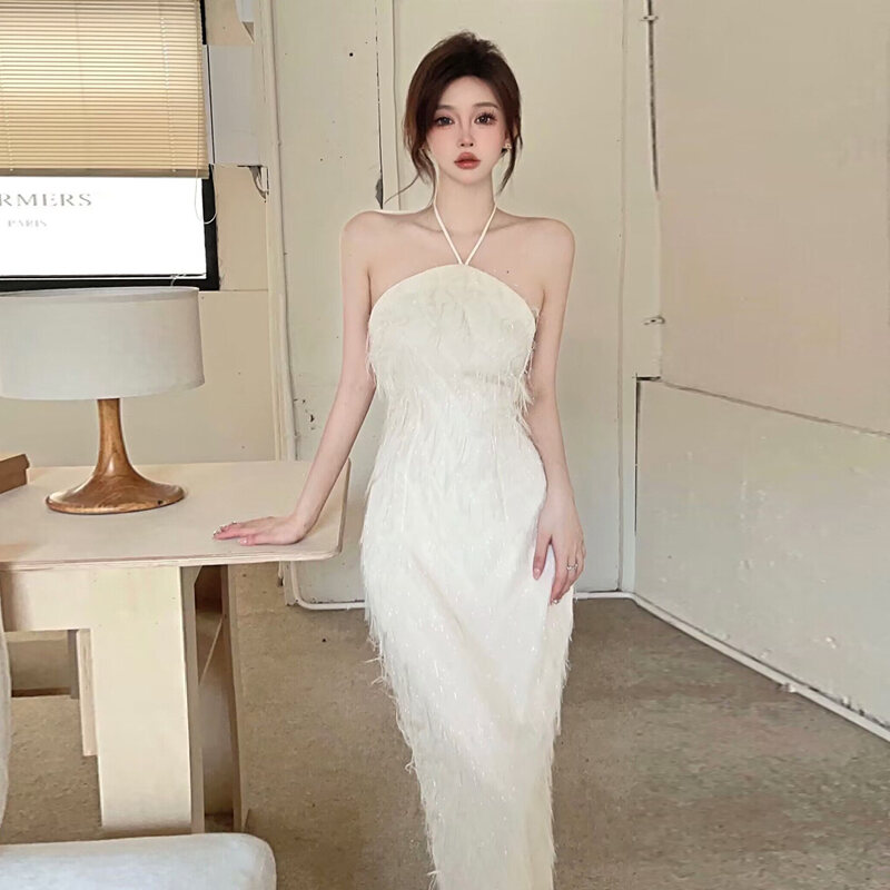 Socialite Elegant Halter Split Dress Women's Fancy Furry Tassel ...