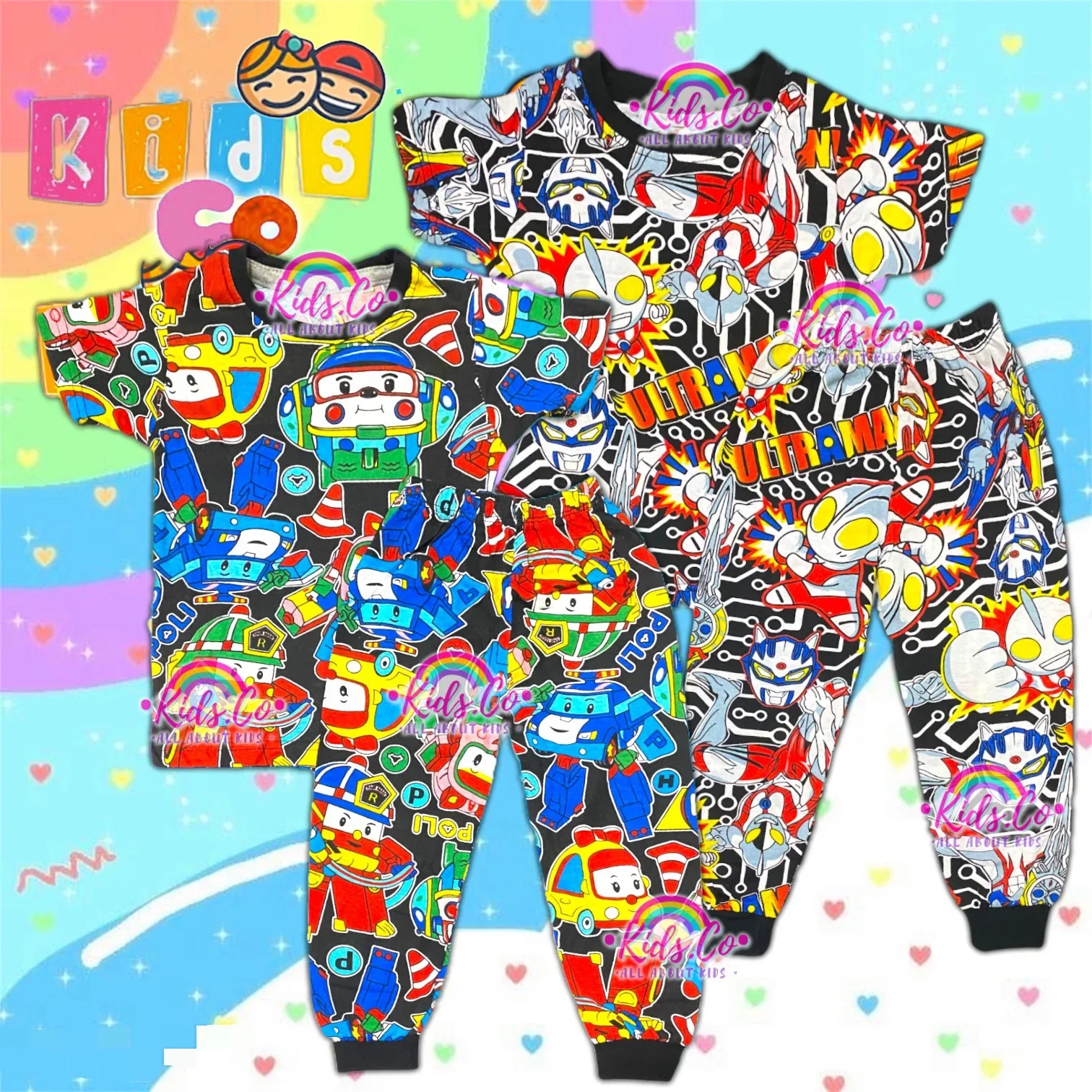 Hot Selling Pyjamas Robocar Poli Ultraman Printed Cotton Kids Size