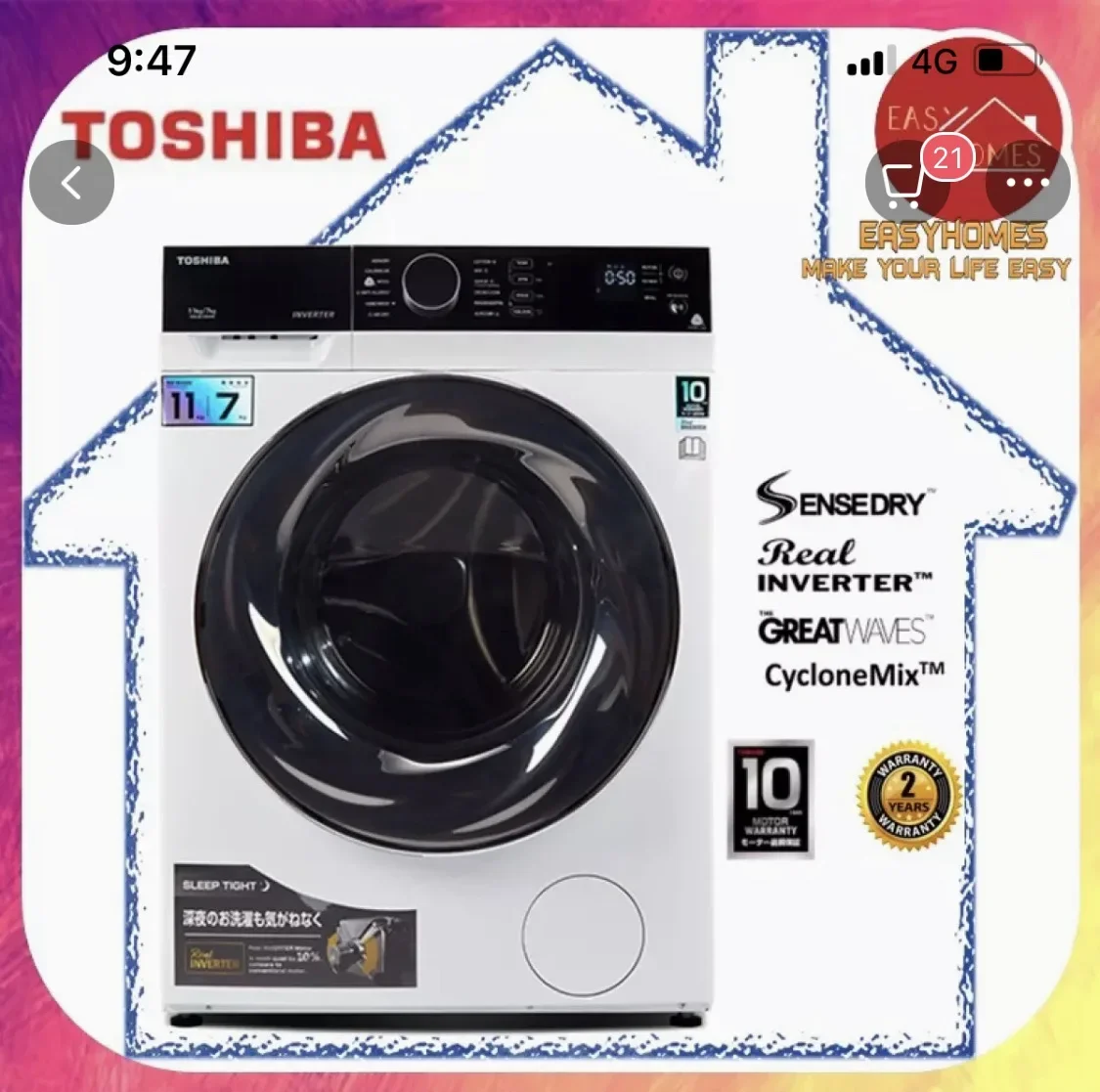 Toshiba TWD-BJ120M4M 11KG/7KG Real Inverter Front Load 2 In 1 Washer Dryer