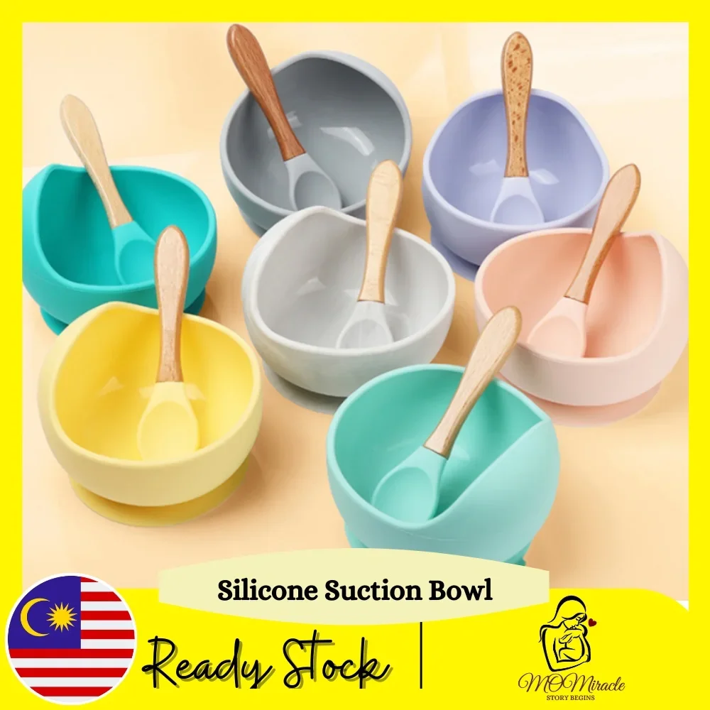 Silicone First Feeding Set Baby Silicone Suction Bowls and Silicone Spoon With Wooden Handle for Baby Training Baby Food Baby First Stage Toddler Feeding Supplies for Kids
