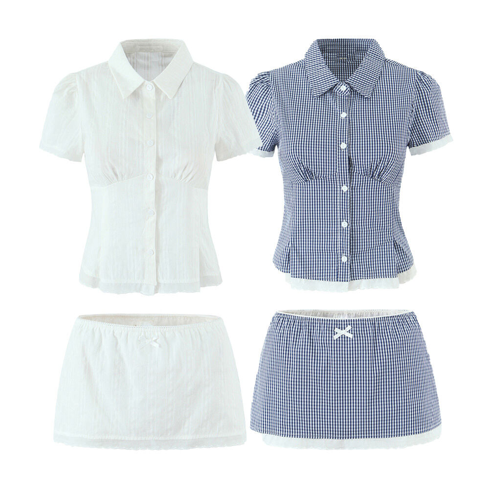 BMURHMZA women's wave lace patchwork lapel slim fit plaid shirt summer new product elastic waist mini skirt