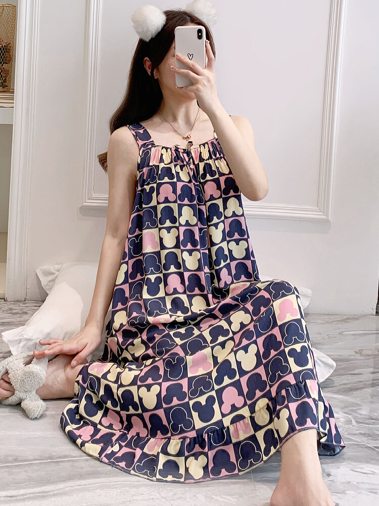 Korean Style Women's Sleepwear Strapless Cartoon Pure Cotton Sexy Summer Home Clothes Silk Student Sleeveless Nightgown Artificial Cotton plus Size. 