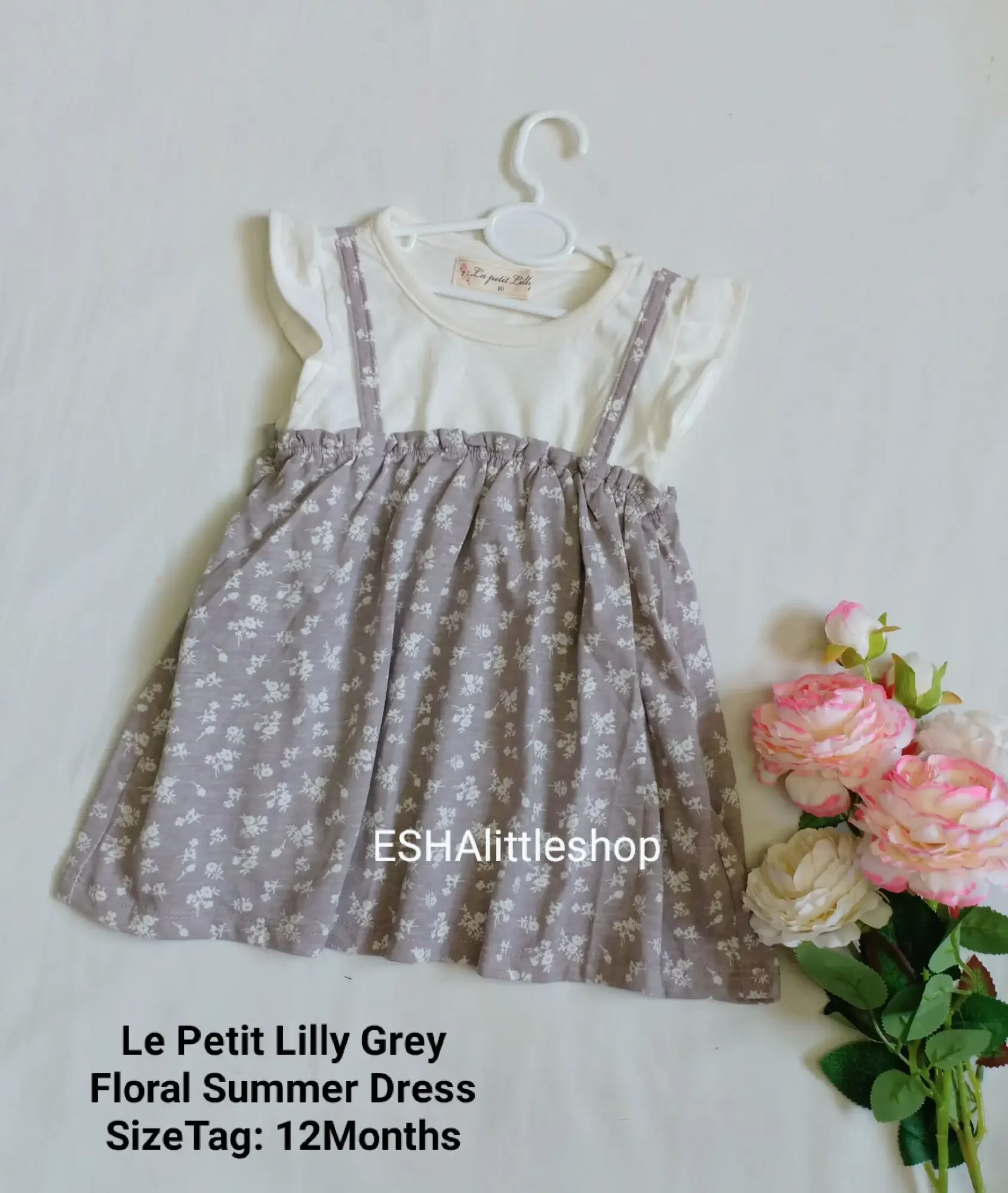 Baby Girl Dress 👗 Le Petit Lilly-Grey Floral Summer Dress (12M)
