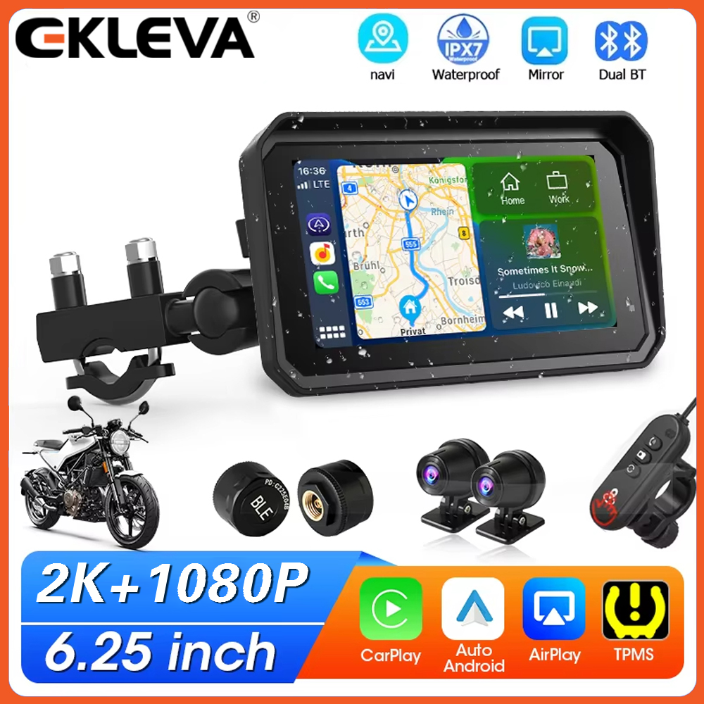 EKLEVA 6.25 inch Motorcycle Carplay Screen DVR 2K Navigation IPX7 Waterproof Moto Monitor Dual Lens Video Recorder Support TPMS Giá 2,216,113 Đồng*Miễn phí vận chuyển