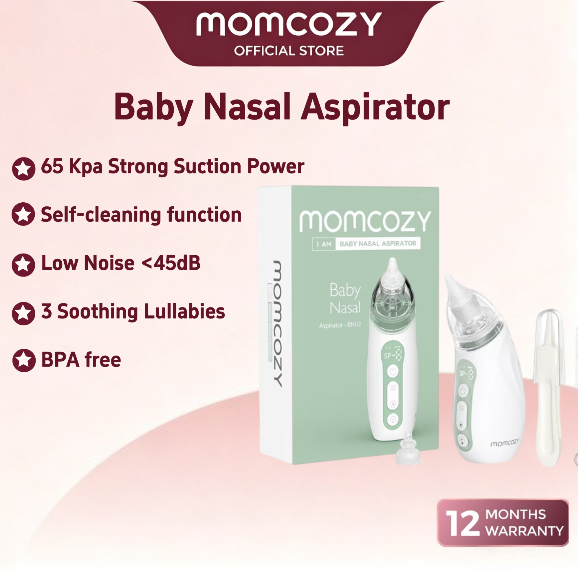 Momcozy breezyclear™Máy hút mũi điện 2 trong 1 cho bé với bình xịt hút cấp bệnh viện 65kpa dụng cụ rửa mũi 4 cấp độ có thể điều chỉnh yên tĩnh & di động với ánh sáng và âm nhạc nhẹ nhàng