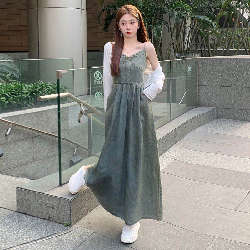 plus Size Women's Vintage Denim Strap Dress Slimming Waist A-Line Midi Dress Sleeveless Comfortable Fit Summer New Style