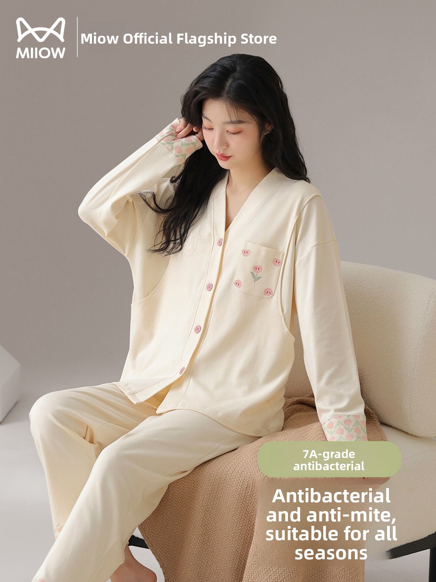 MiiOW | Pure Cotton Maternity Sleepwear V-Neck Long Sleeve Women's Loungewear Set Suitable For Outdoor Wear Comfortable Home Clothes Harga  108 Ringgit*Penghantaran Percuma