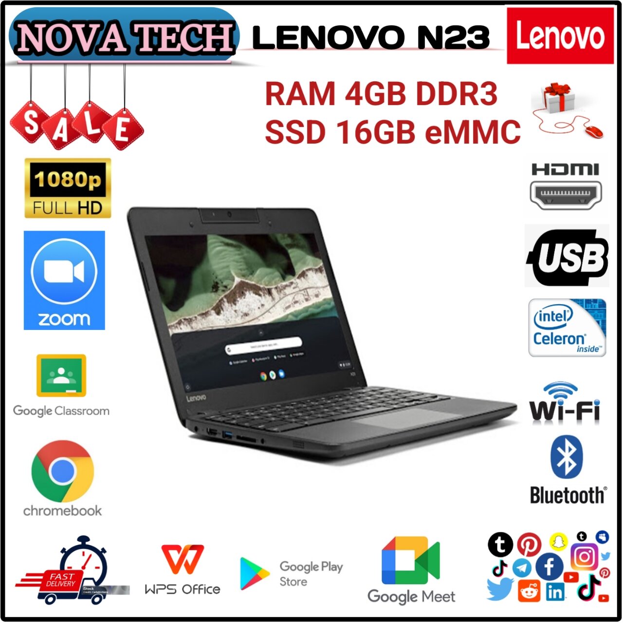Lenovo Chromebook N23 Intel Celeron N3060 RAM 4GB SSD 16GB Play Store Chromebook Chrome