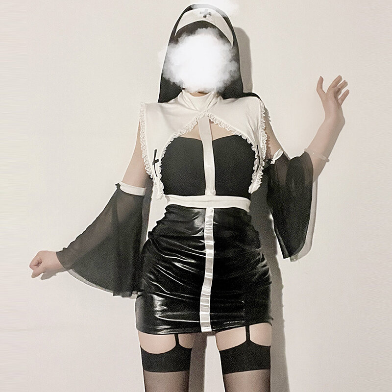 Nun Cos Costume Sexy Patent Leather PU Tight TikTok Same Cross-Dressing ...