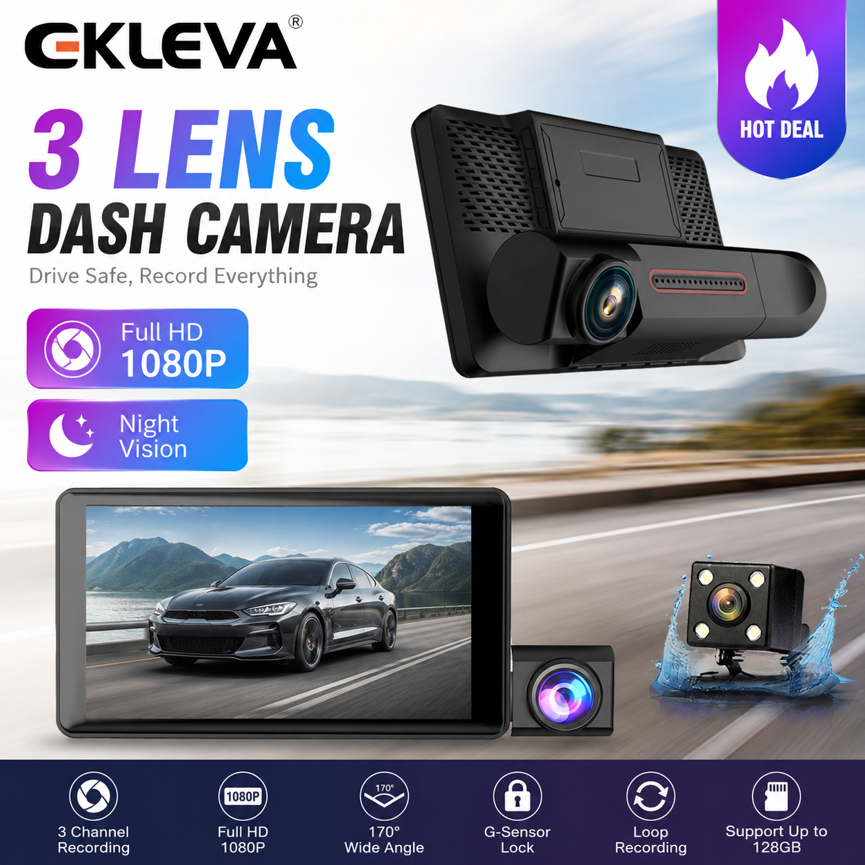 EKLEVA 4 Inchs Car Dash Cam 1080P Front Inside And Rear Car DVR Camera Video Recorder Night Vison G-Sensor Loop Recording 24h Parking Monitor Giá 722,752 Đồng*Miễn phí vận chuyển