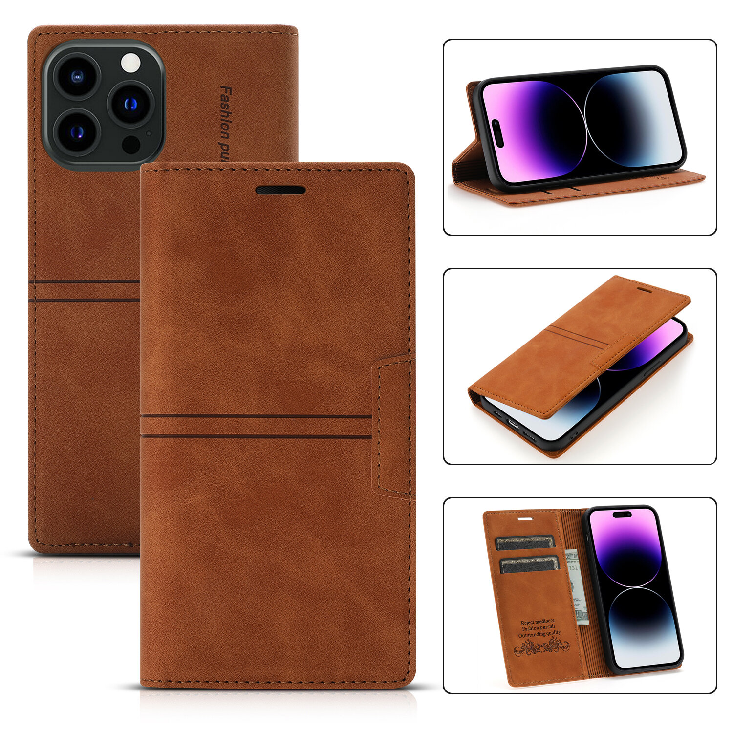 Leather Wallet Phone Case With Magnetic Card Holder For Iphone_voghion.com