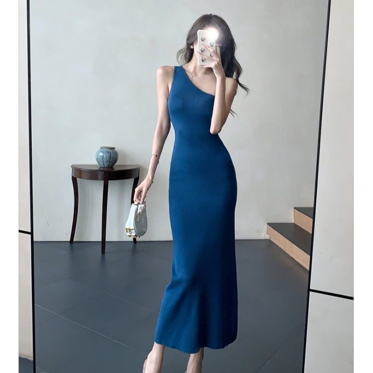 Summer New Style Slimming French Knitted Wrap Dress Women's Pure Desire Shoulder Strap Dress Long A-Line Midi Dress without Sleeve