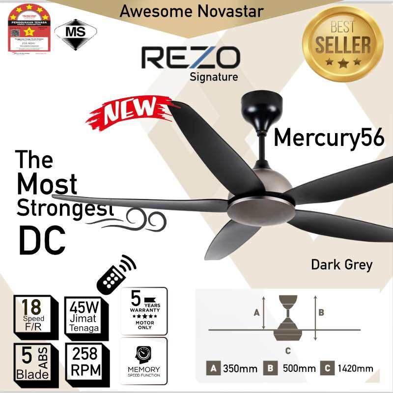 REZO Mercury 32"/ 42"/56" with LED DC Motor Remote Control Ceiling Fan Premium. 
