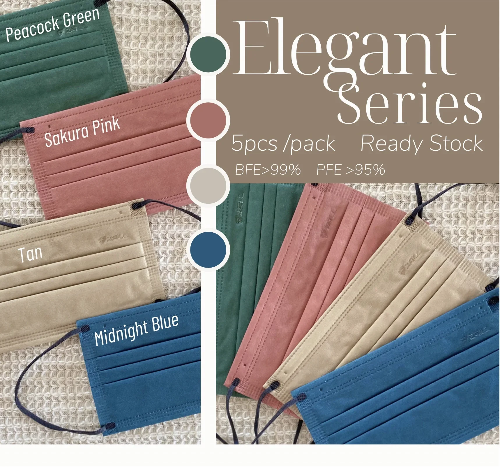 ELEGANT SERIES New Color! Best Quality 3 ply Face Mask BFE>99% PFE>95% 5PCS/PACK