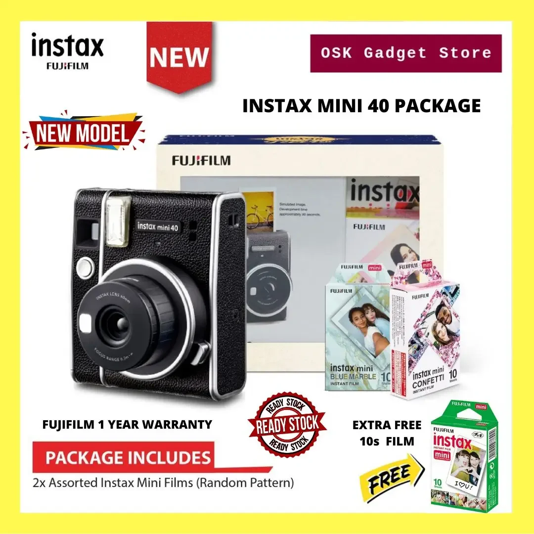 Fujifilm Instax Mini 40 Retro Kit Package Instant Camera Free Extra 10s Film (Total 30s Film) 1 Year Fujifilm Malaysia Warranty