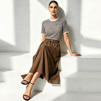 AMII | Summer Short-sleeved Round-neck Sparkling Color Stripe Ice Linen Blended Sweater Women Loose Top