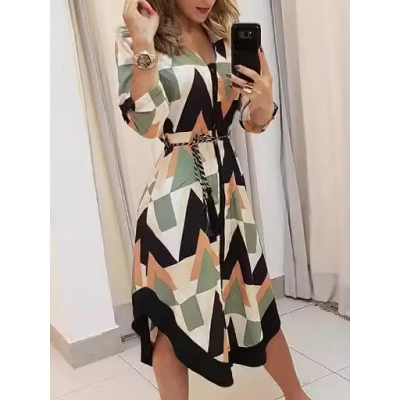 Long V-neck Geometric Pattern Women's Shirt with Belt Independent Station Style Color Block Ankle-length Dress
