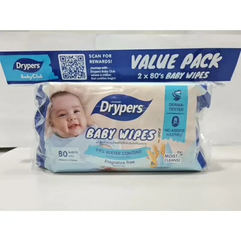 Drypers Baby Wipes 99% Water Content Fragrance Free (2×80s)