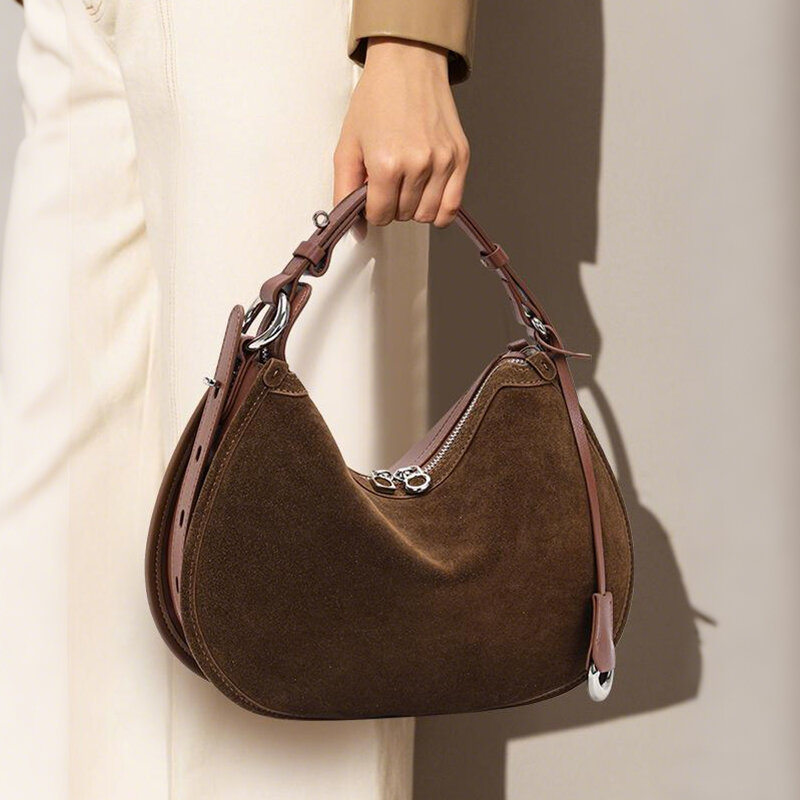 Women’s Suede Hobo Bag – Brown Soft Cowhide Shoulder Tote with Silver Hardware, Fashionable Daily Purse Presyo  2,616 Piso*Libreng Shipping