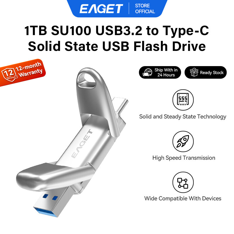 EAGET SU100 1000MB/S Ultra High-Speed USB 3.2 to Type-C Solid State Flash Drive (512GB/1TB) ราคา 3,569 บาท*ส่งฟรี