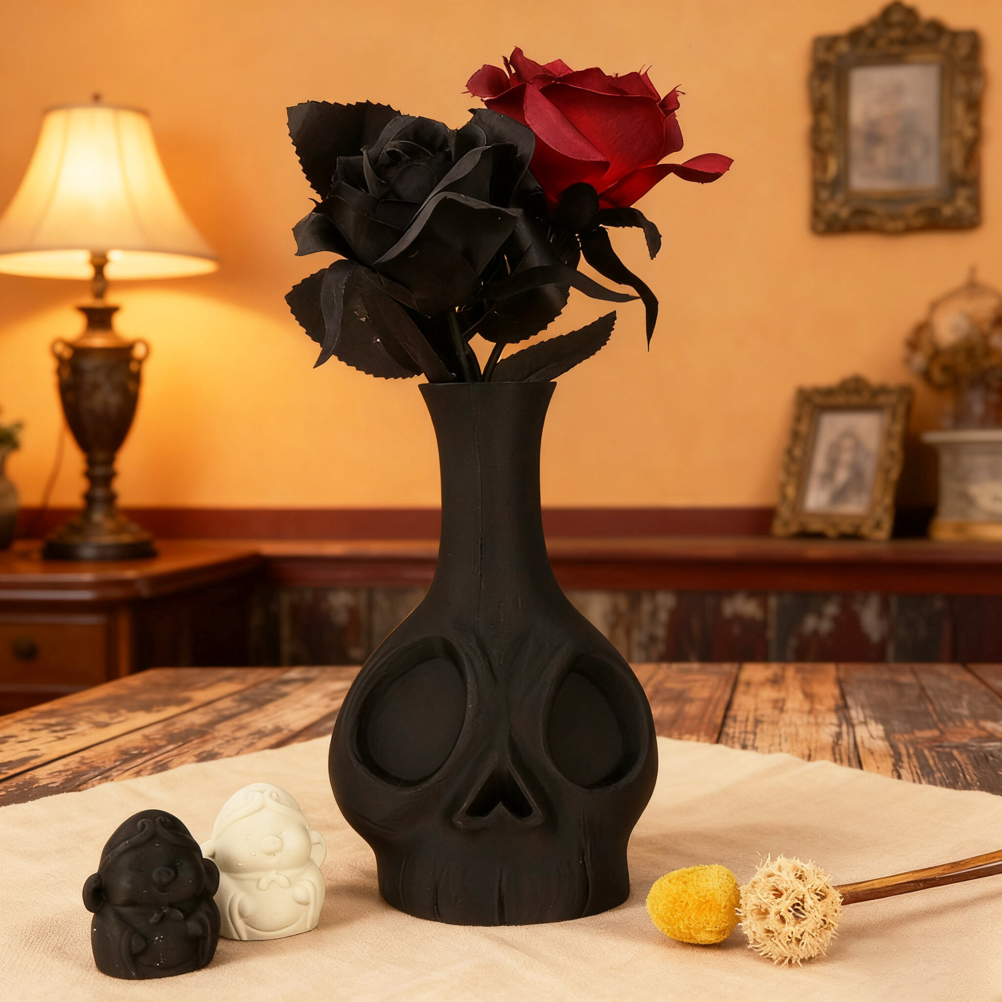 Matte Black Skull Shaped Ceramic Vase Retro Gothic Table Decor_voghion.com