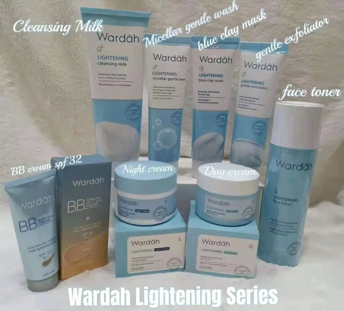 Wardah Set Lightening Series Day Night Cream Cleanser exfoliator Toner BB cream