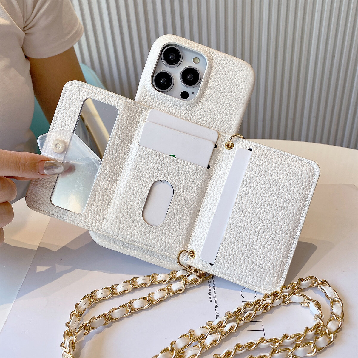 Luxury Wallet Phone Case With Metal Chain And Mirror For Iphone_voghion.com