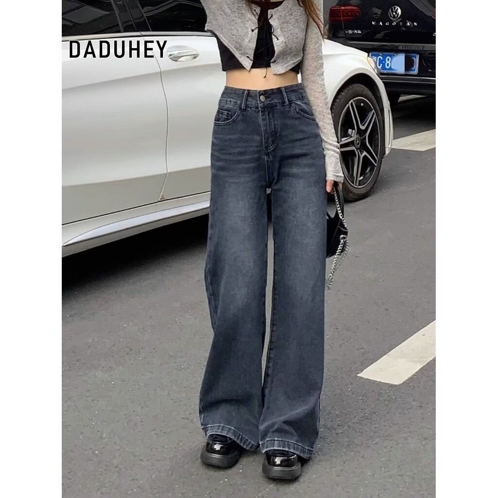 Daduhey quần jean retro kiểu Mỹ cho nữ quần bình thường ỐNg RộNg đường phố cao cấp Harajuku ống đứng dáng rộng