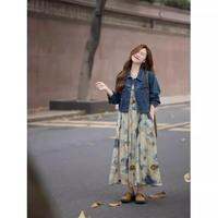 XUECAIQI | Retro Denim Jacket and Dress Set Plus Size