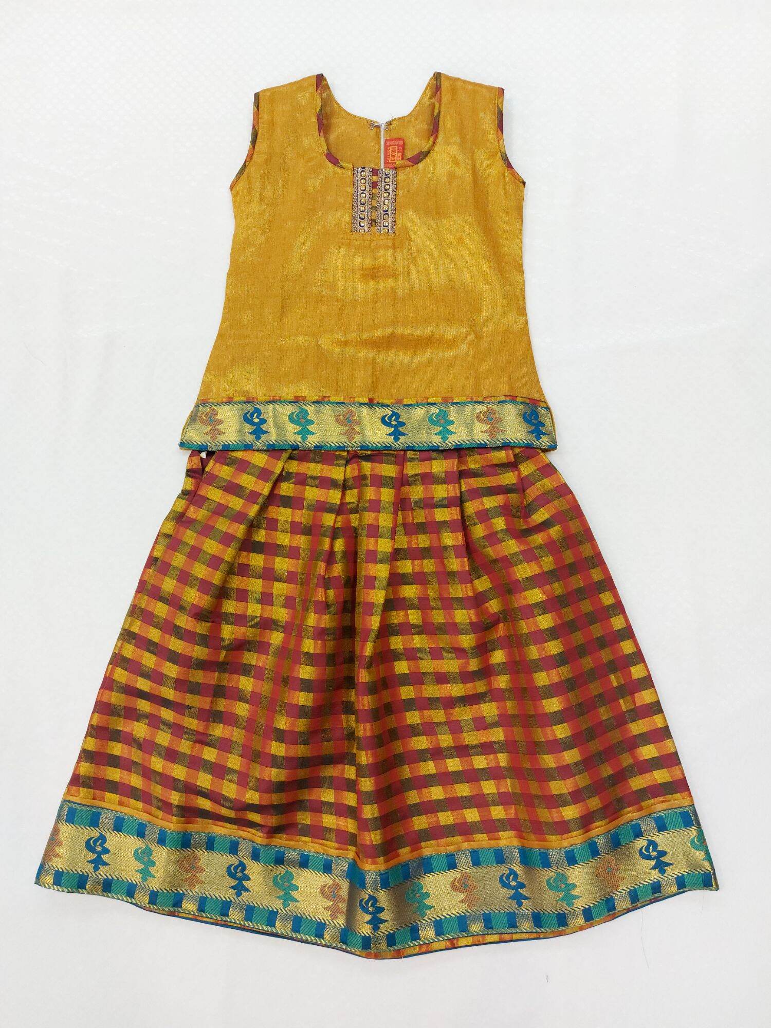 Traditional Indian Kids Wear Gold Top and checked Skirt பட்டு பாவாடை ...