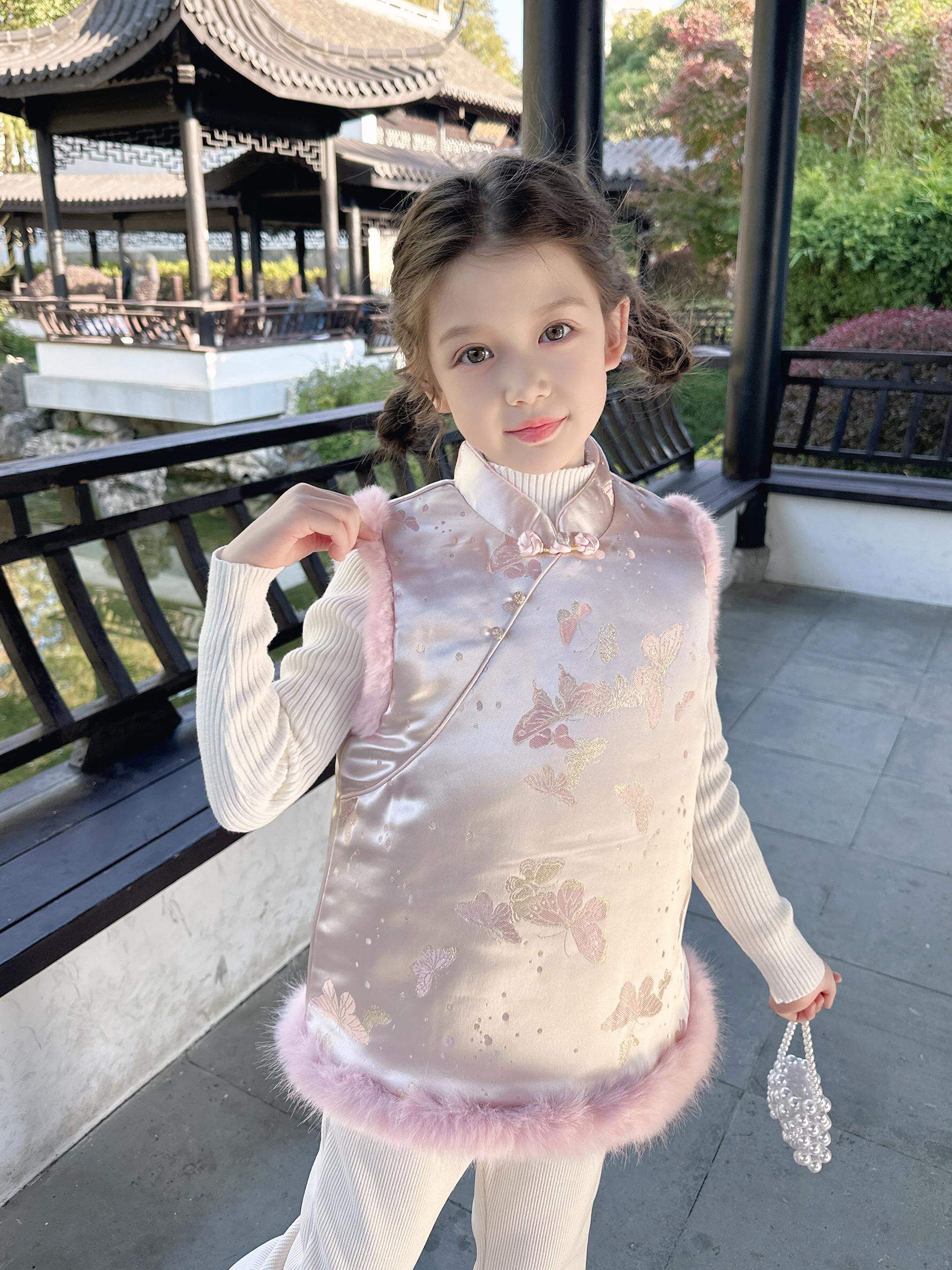 Girls Cheongsam Vest Winter Clothes Cotton Insert Fashionable Hanfu Children Baby New Year Visit Ceremony Mid-Length Sleeve Dress Harga  90 Ringgit*Penghantaran Percuma