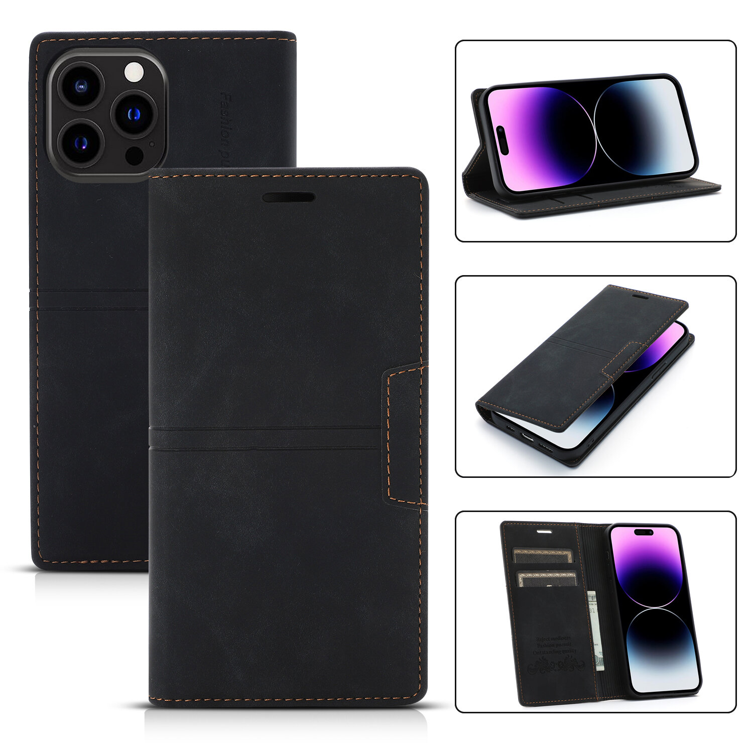 Leather Wallet Phone Case With Magnetic Card Holder For Iphone_voghion.com