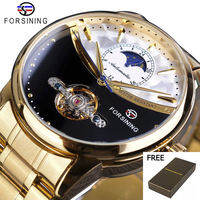 Đồng Hồ Thời Trang Nam Forsining Mới Tự Lên Dây Thép Mặt Trời Vàng Và Mặt Trăng Tourbillon Mặt Trắng Đen Máy Móc Công Sở Reloj Hombre. Quà Tặng Nam