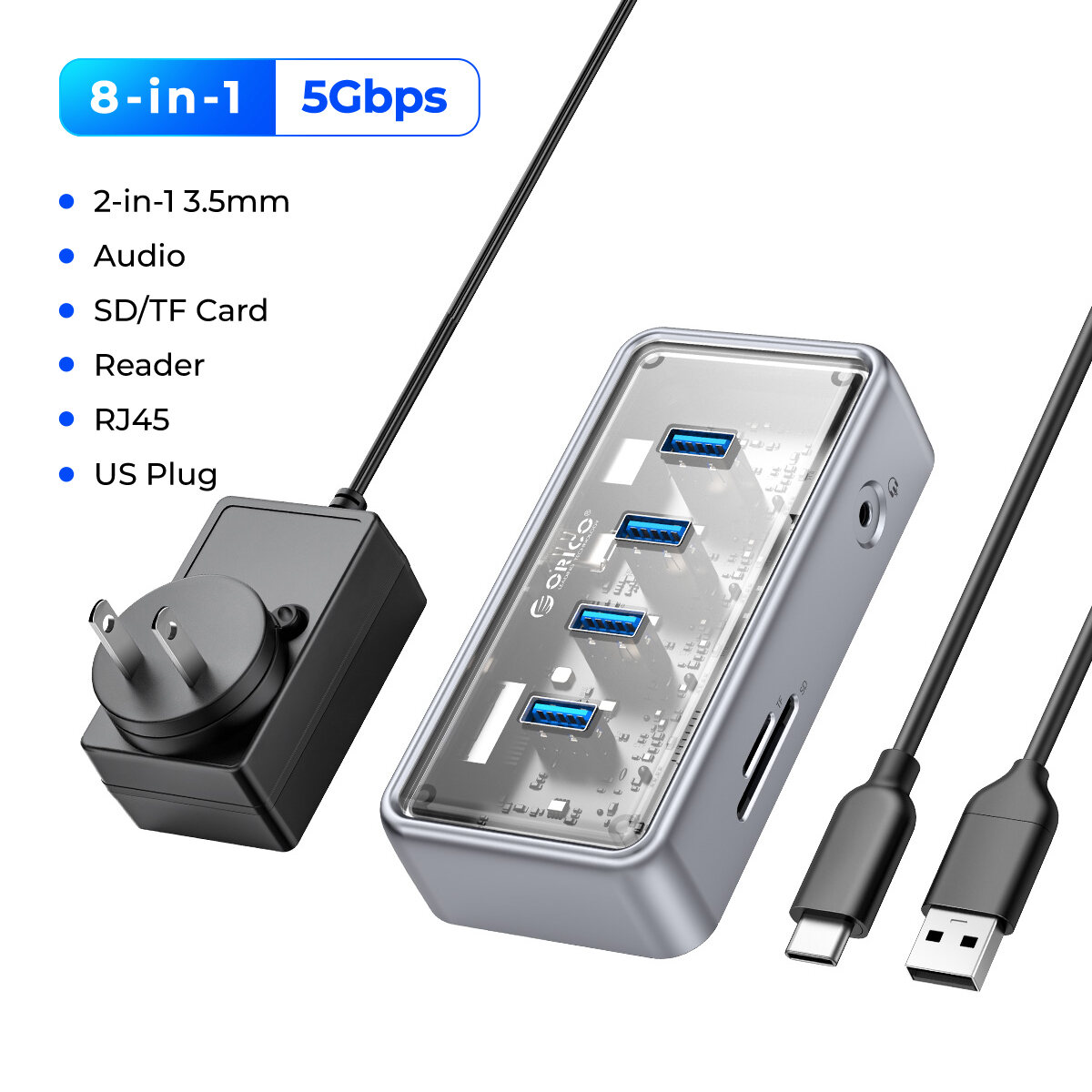 ORICO USB Hub usb3.2 Gen1 5gbps tốc độ cao truyền 14 cổng đồng thời mở rộng cổng SD khe TF 3.5mm cổn