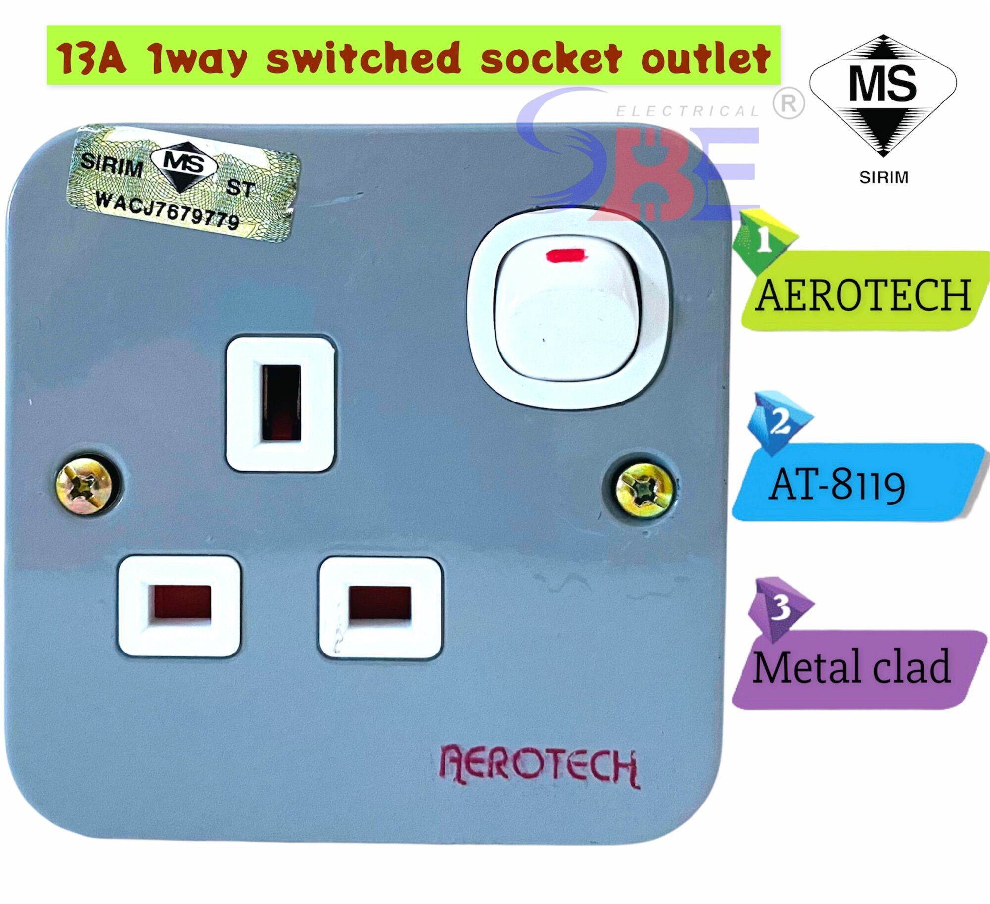 13Amp 1 gang metal clad switch socket outlet/ AEROTECH AT8119/SBE