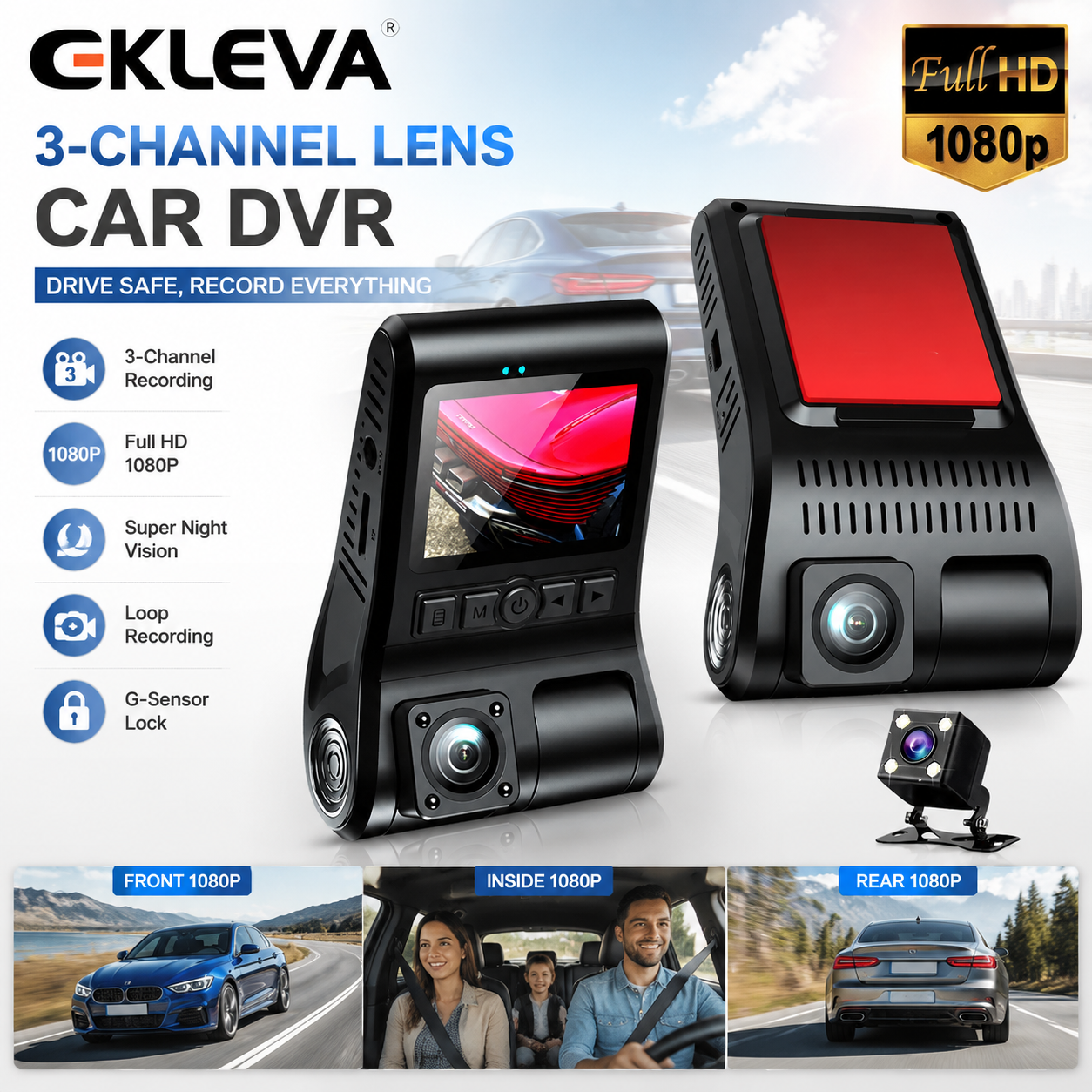 EKLEVA 3 Channel Car DVR HD 1080P Dash Cam For Car Three Way Dashcam Black Box Driver Video Recorder Car DVR Rear View Camera Giá 699,623 Đồng*Miễn phí vận chuyển