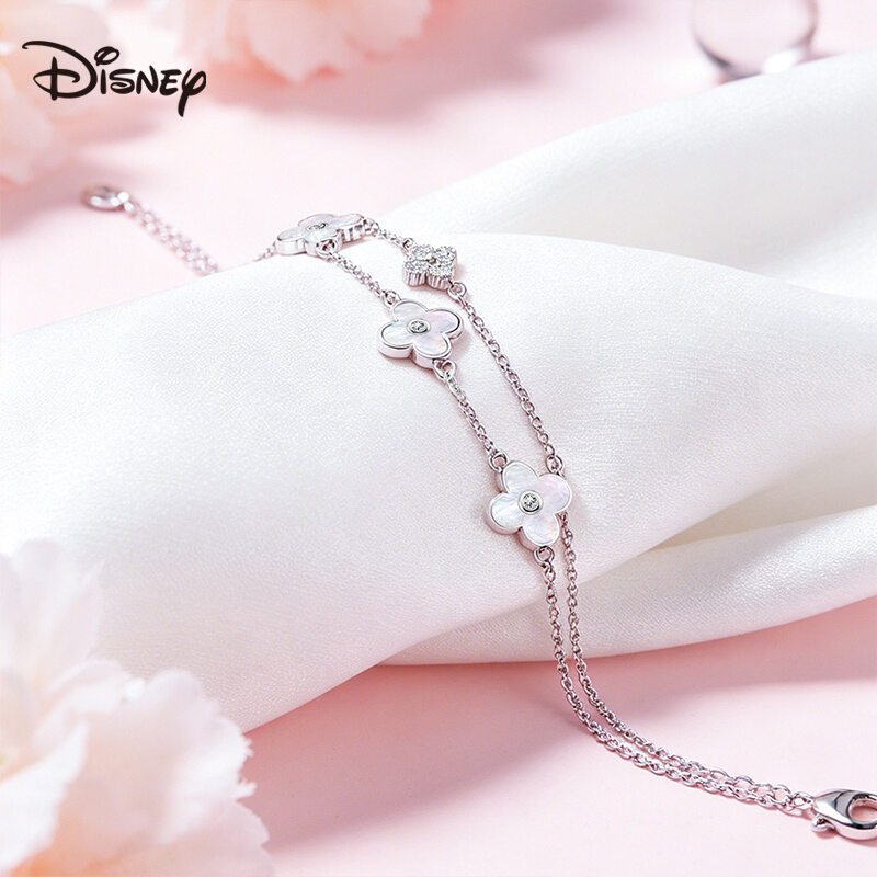 Disney Four-Leaf Clover Silver Bracelet for Women Lady Double Chain with Mother of Pearl & Zircon Adjustable Anti-Tarnish Jewelry for Women Birthday/Valentine Gift ราคา 890 บาท*ส่งฟรี