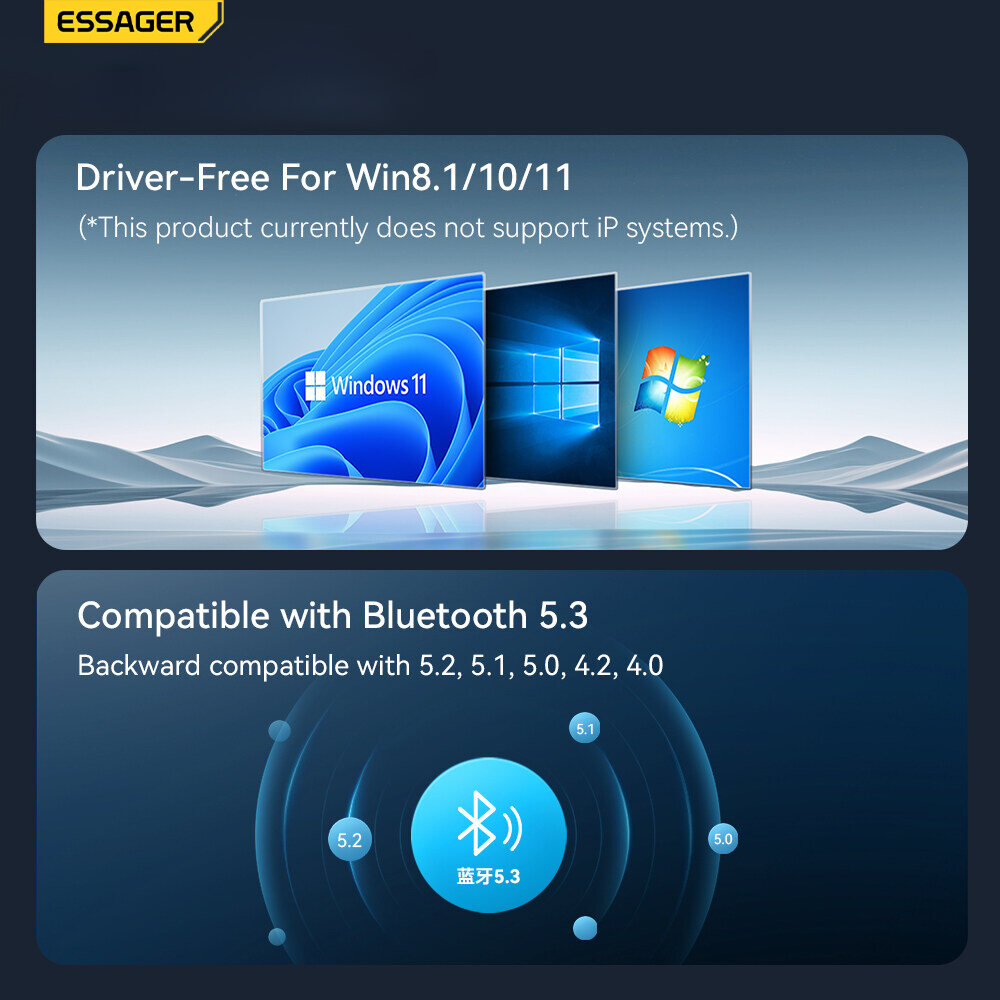 Essager 5.3 Bluetooth Adapters Mini Multifunctional Plug & Play Support Free Driver Windows 8.1/10/11. 